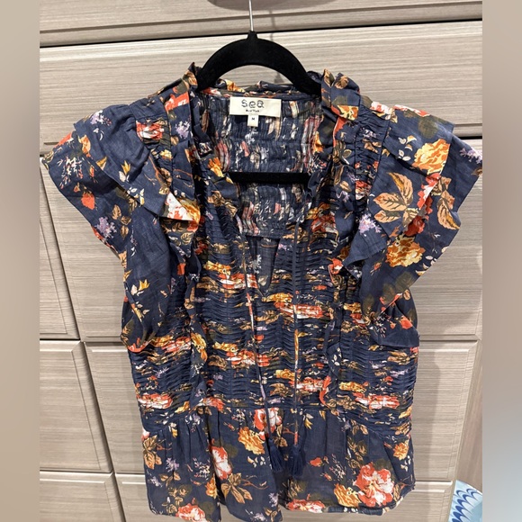 Sea Navy Floral Ruffle Blouse - Picture 1 of 3
